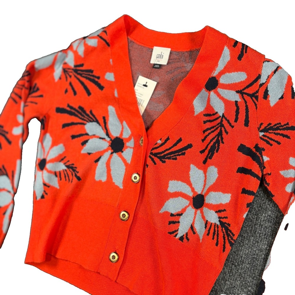 Cabi Bloom Cardigan Sweater Womens XS Orange Happy Flowers Tight Knit Cropped‎
